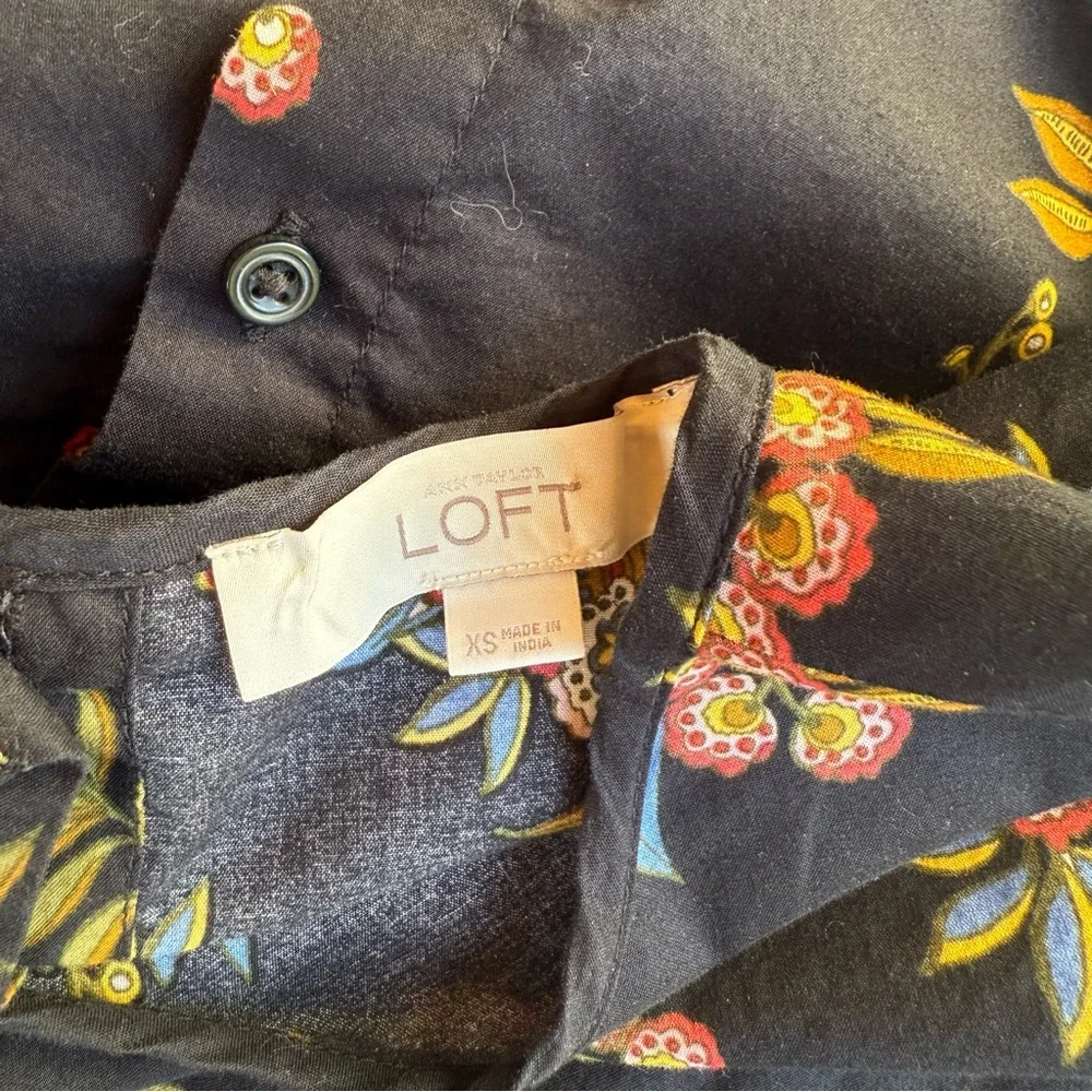 LOFT Black Floral Boho Balloon Sleeve Cotton Blouse XS Cottagecore Romantic
